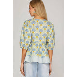 WOVEN PRINT TOP: BLUE / L