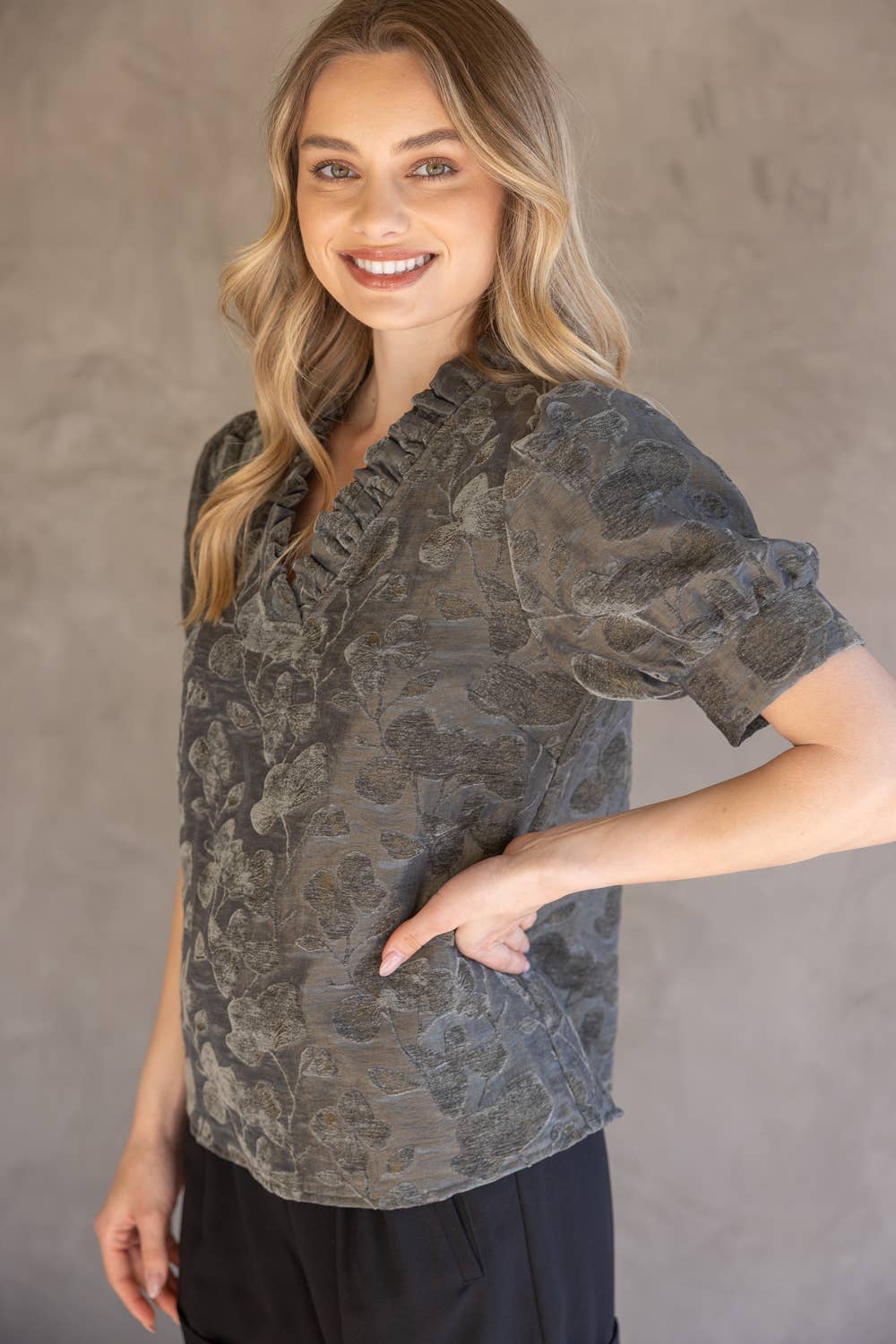 35767 Ruffled V-Neckline Floral Textured Velvet Top: Charcoal / M