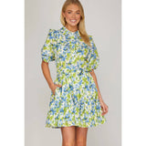 NEW WOVEN FLORAL PRINT MINI DRESS: BLUE / GREEN / M