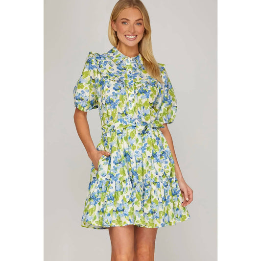 Blue Green Floral Print Mini Dress