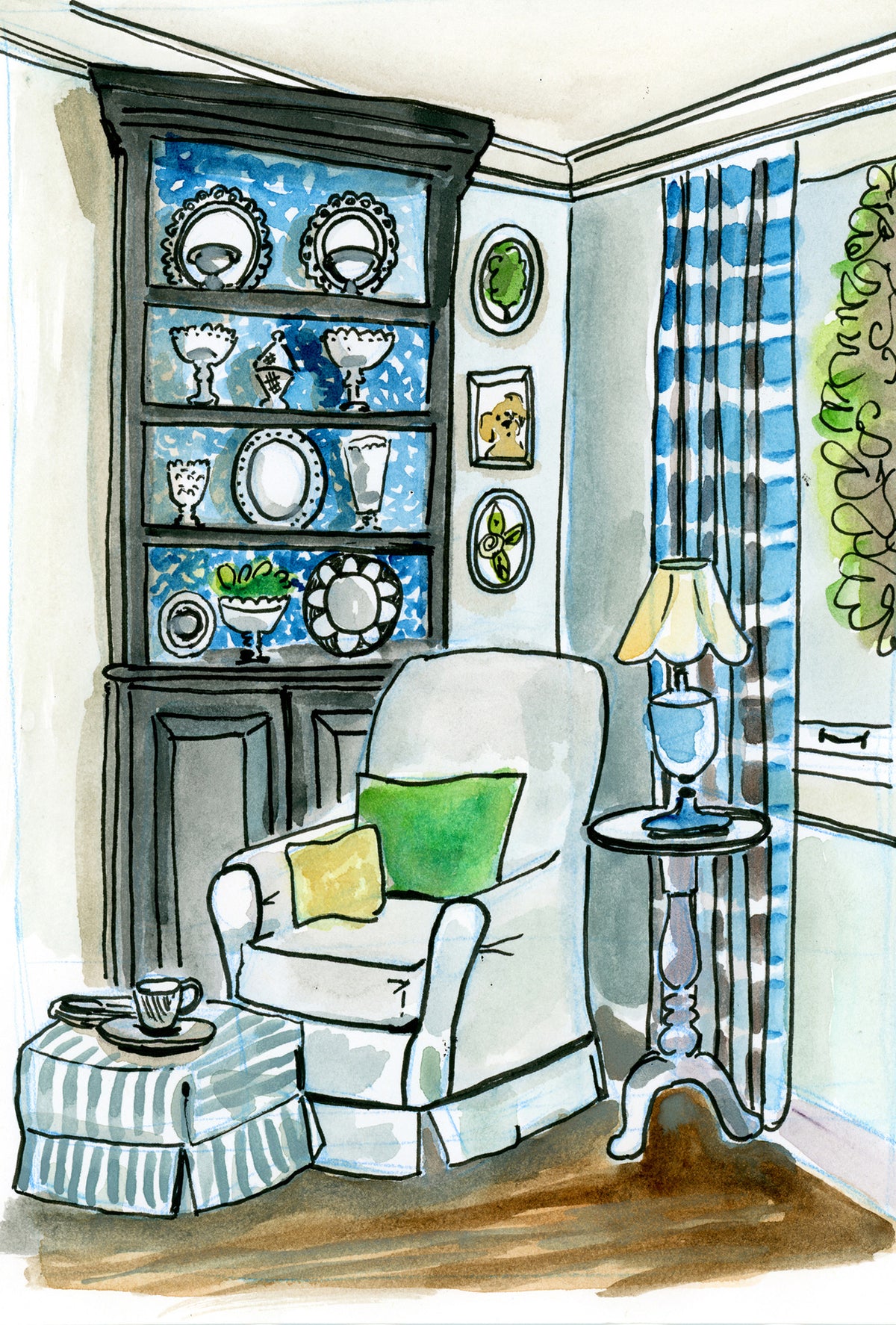 Watercolor Blue Sitting Room by Carrie Hannegan