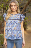 Navy Blue Layered Ruffle Sleeve Print Top 34997