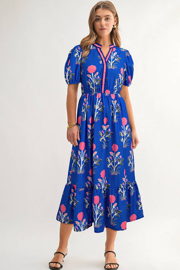 BOHO Floral Puff  Sleeve High Waist Maxi Dress | S-XL: As shown / Missy / S