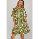 WOVEN PRINT MINI DRESS : GREEN / L