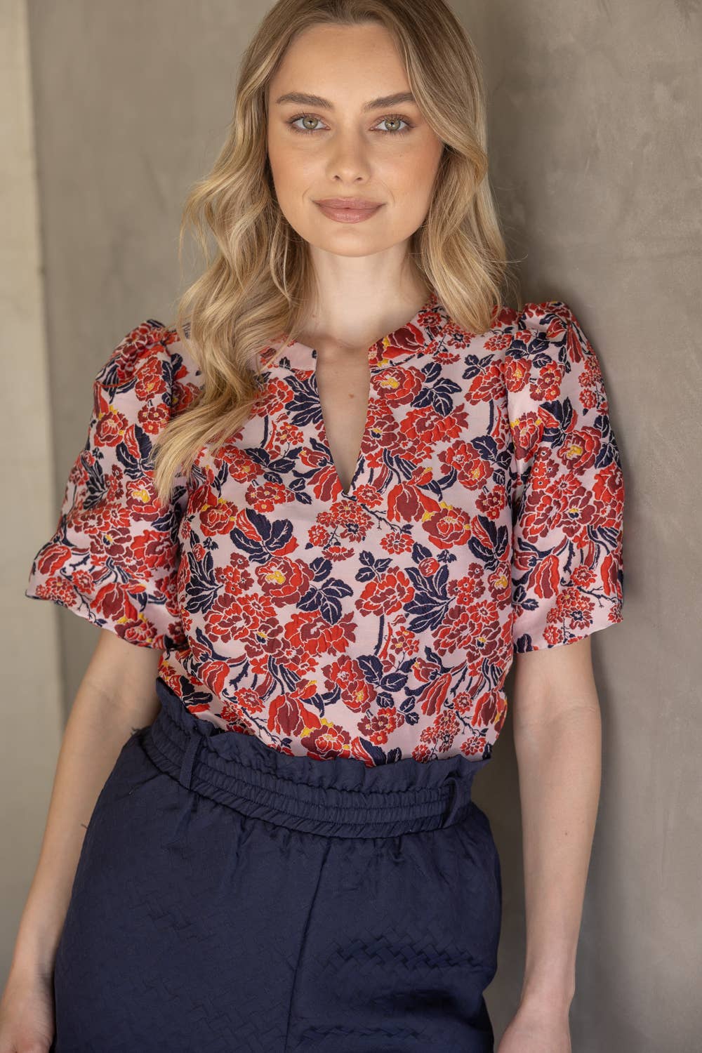 35776 Multi Color Floral Jaquard Top: Red / L