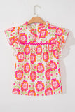 Floral Ruffle Sleeve Ric-Rac Trim Split Neck Blouse (S-XL): Multi-Colored / Missy / M