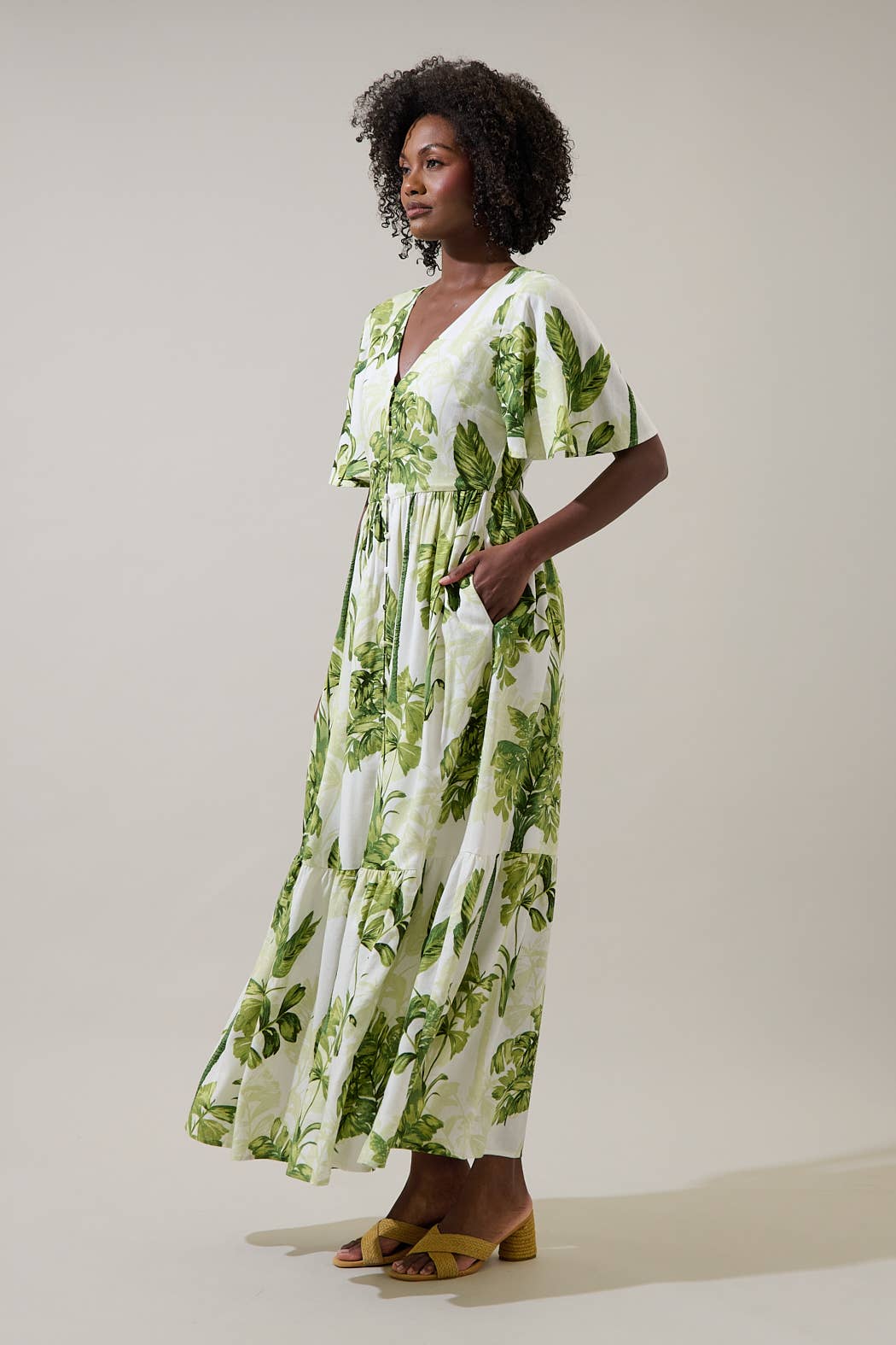 Palmet Tropical Evianna Flutter Maxi Dress: CREAM-GREEN