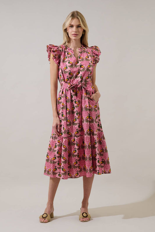 Sita Ruffle Midi Dress Peacock Bay in PInk/Green