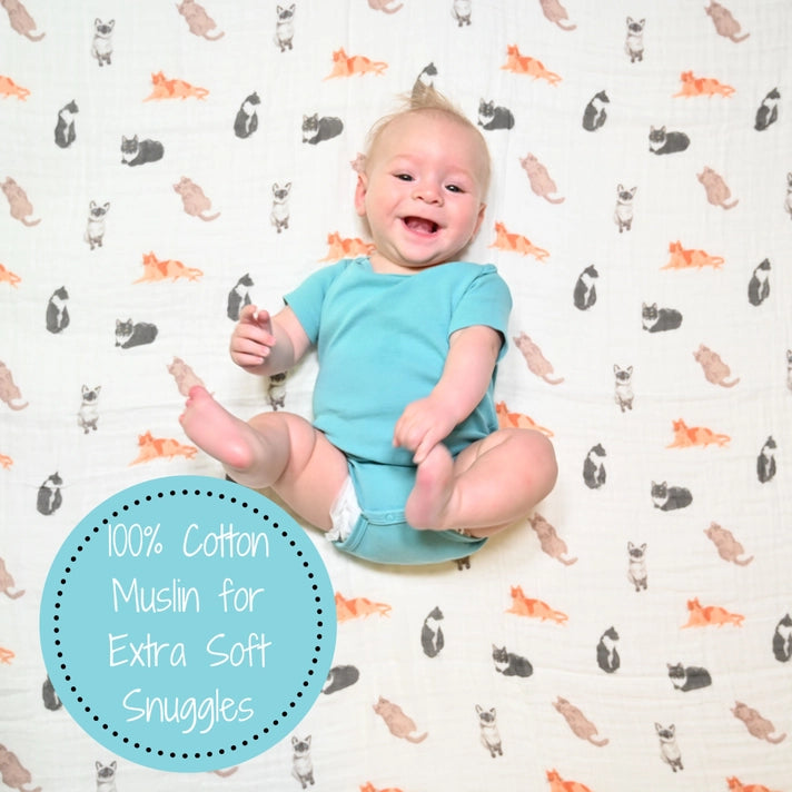 LollyBanks Cotton Muslin Swaddle Baby Blanket Cats