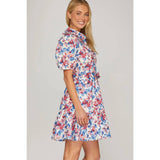 NEW WOVEN FLORAL PRINT MINI DRESS: BLUE / GREEN / L