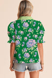 LDC Collared V Neck Ruffled Short Sleeve Floral Blouse: Green / S