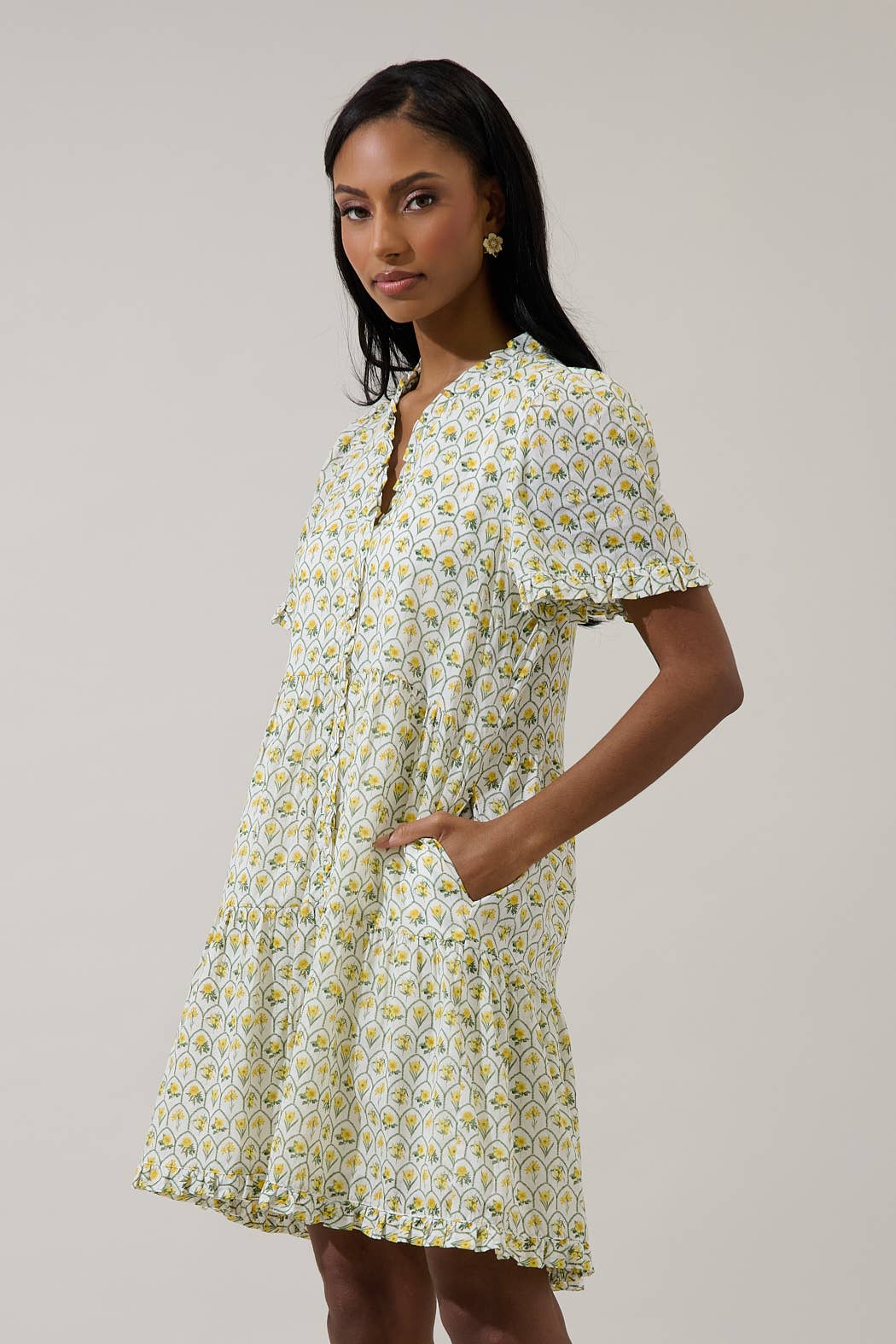 Trinny Floral Kara Shift Mini Dress White-Yellow