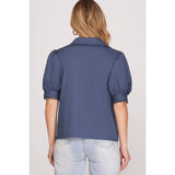 EMBROIDERY WOVEN TOP: NAVY / L