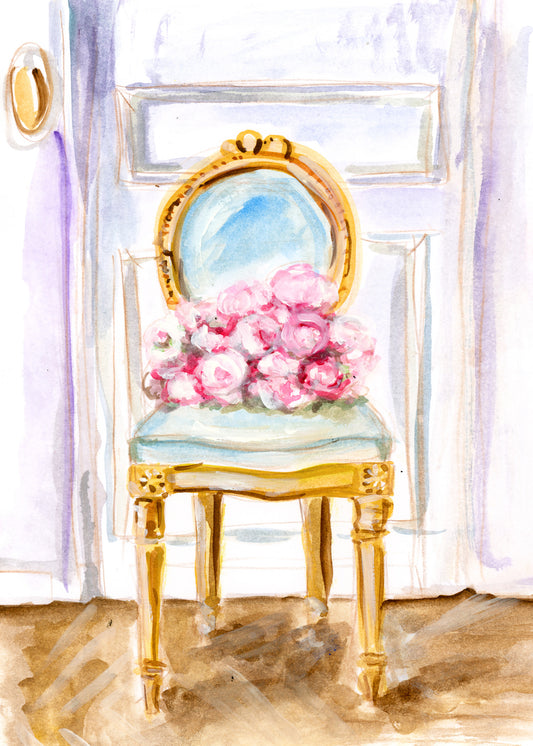 Watercolor Flowers on Chair by Carrie Hannegan