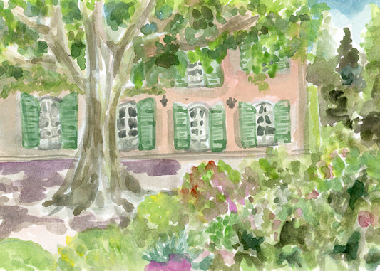 Watercolor Summer Courtyard by Carrie Hannegan