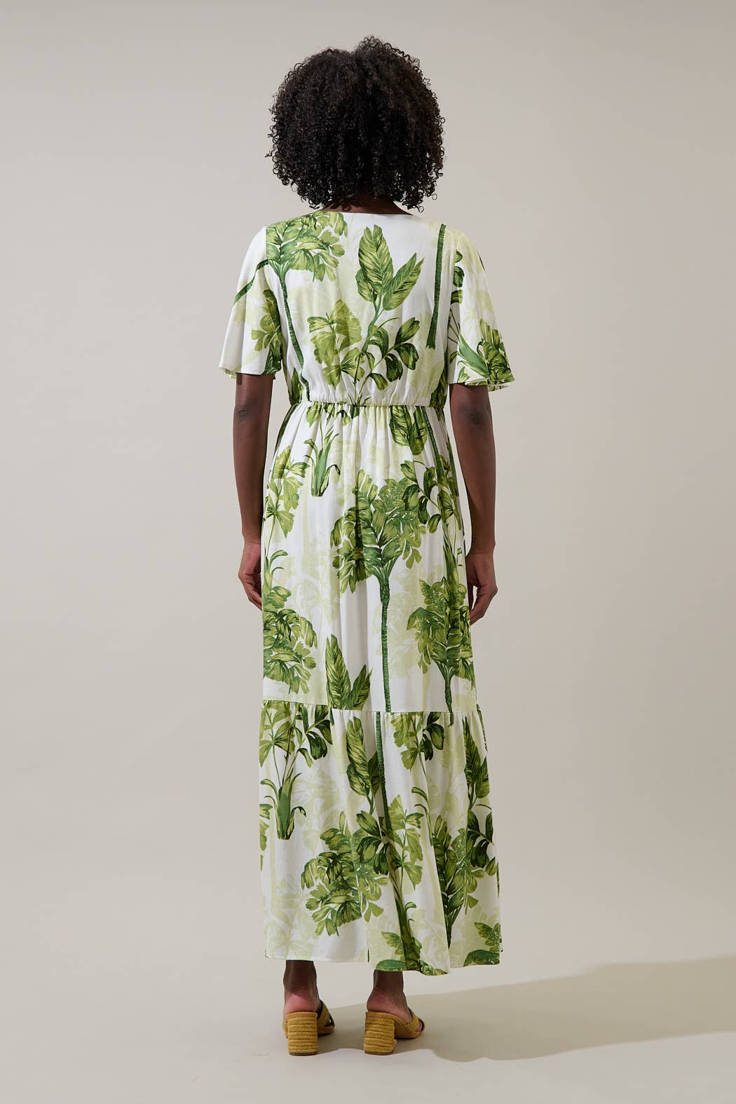 Palmet Tropical Evianna Flutter Maxi Dress: CREAM-GREEN