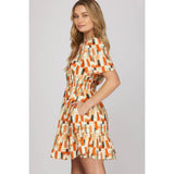 WOVEN PRINT MINI DRESS: ORANGE / S