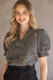 35767 Ruffled V-Neckline Floral Textured Velvet Top: Charcoal / L
