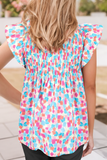 Abstract Printed Shirred Ruffled V Neck Blouse (S-XL): Blue / Missy / M