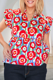 Plus Size Floral Print Ruffle Trim Split Neck Peplum Top: Red / Plus Size / 2X