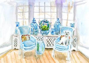 Watercolor Blue Room with Dog on Chair by Carrie Hannegan