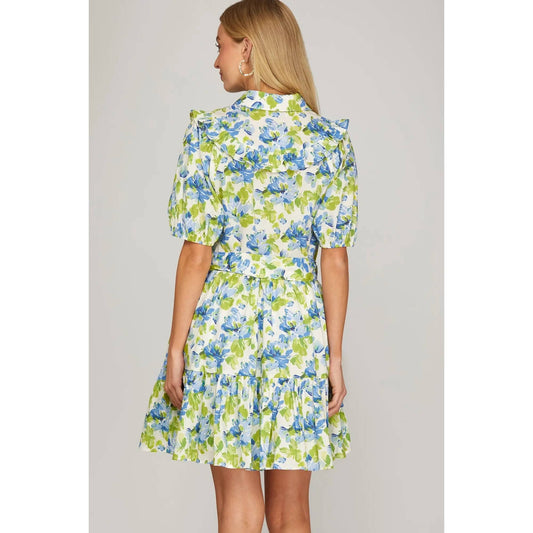 Blue Green Floral Print Mini Dress