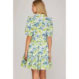 NEW WOVEN FLORAL PRINT MINI DRESS: BLUE / GREEN / M