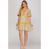 WOVEN PRINT MINI DRESS: PINK / M