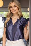 35945 Smock and Ruffle Detail Metallic Woven Top: Navy / M