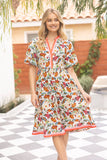 35862 Multi Stripe Detailed Floral Print Midi Dress: Multi / S