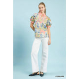 NEW Abstract Print V-Neck Top : BLUE MIX / S