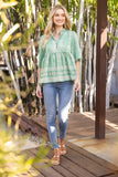35222 Peplum Boarder Print Cover Button Top: Green / L