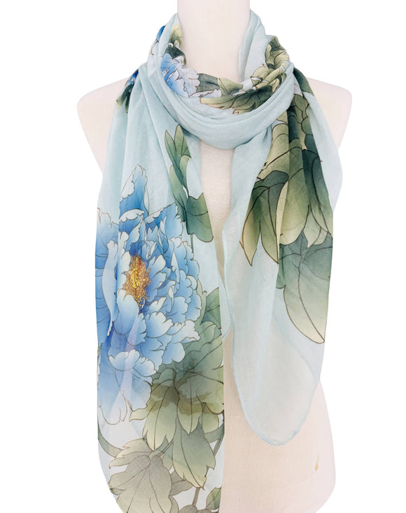 Blue-Green Super Soft Beautiful Peony Blooms Scarf