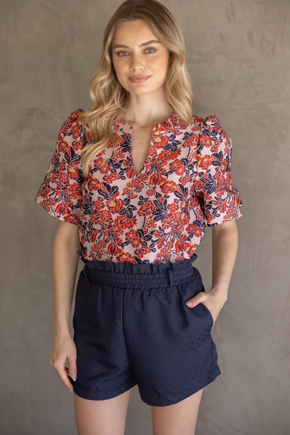 35776 Multi Color Floral Jaquard Top: Red / L