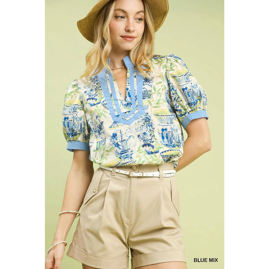Blue Yellow Savannah Shirt with Chinoiserie Vases 100% Cotton