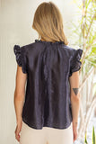35945 Smock and Ruffle Detail Metallic Woven Top: Navy / L