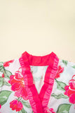 Floral Frilled V Neck Short Sleeve Blouse Top (S-XL): Pink / Missy / S