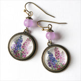 Larkspur / Delphinium Flowers Glass Cabochon  Earrings