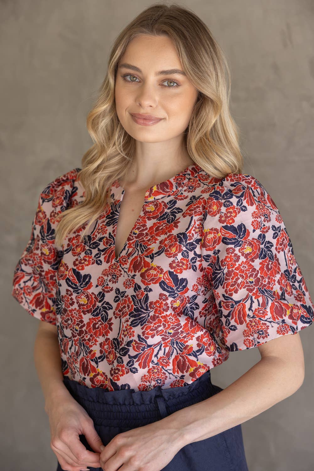 35776 Multi Color Floral Jaquard Top: Red / L