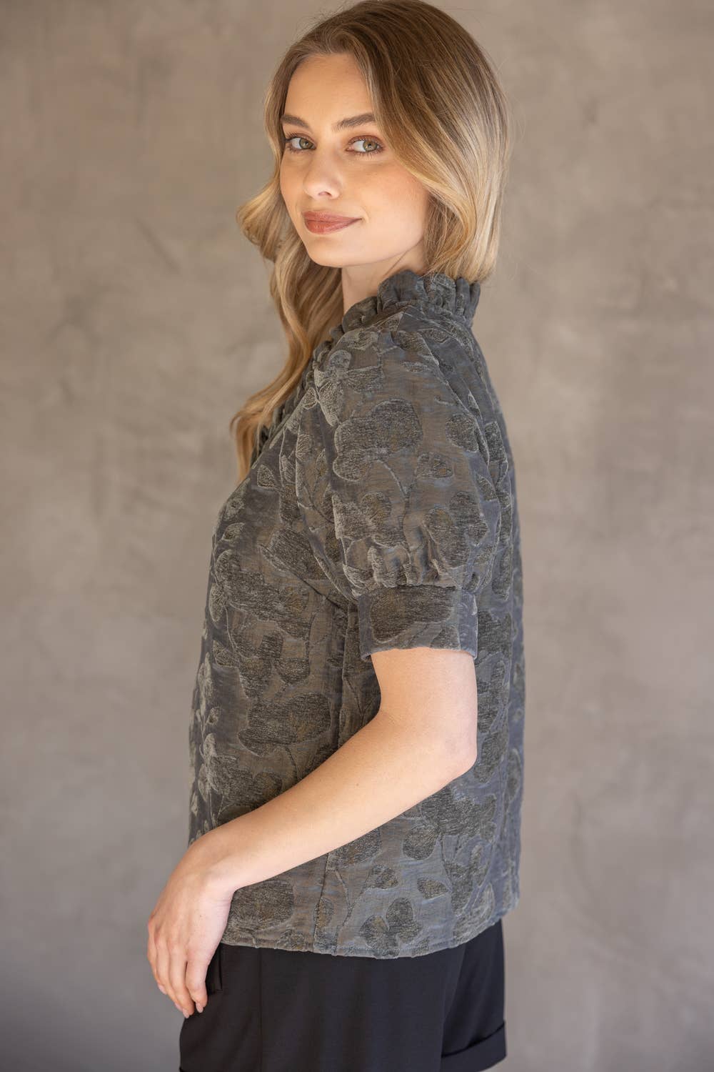 35767 Ruffled V-Neckline Floral Textured Velvet Top: Charcoal / S