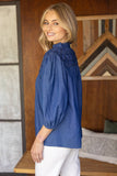 35871 Diamond Textured Yoke Quarter Puff Sleeve Top: Denim Blue / S