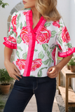 Floral Frilled V Neck Short Sleeve Blouse Top (S-XL): Pink / Missy / M
