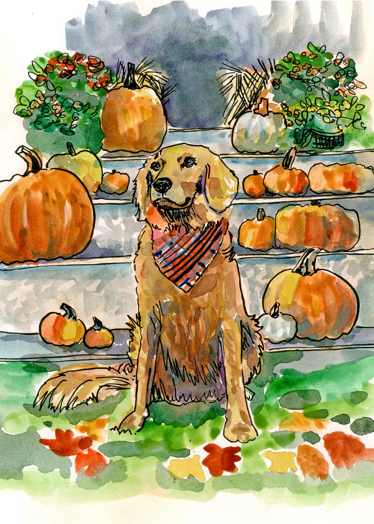 Watercolor Fall Golden Retriever by Carrie Hannegan