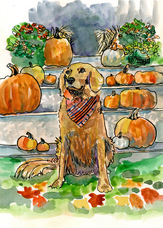 Watercolor Fall Golden Retriever by Carrie Hannegan