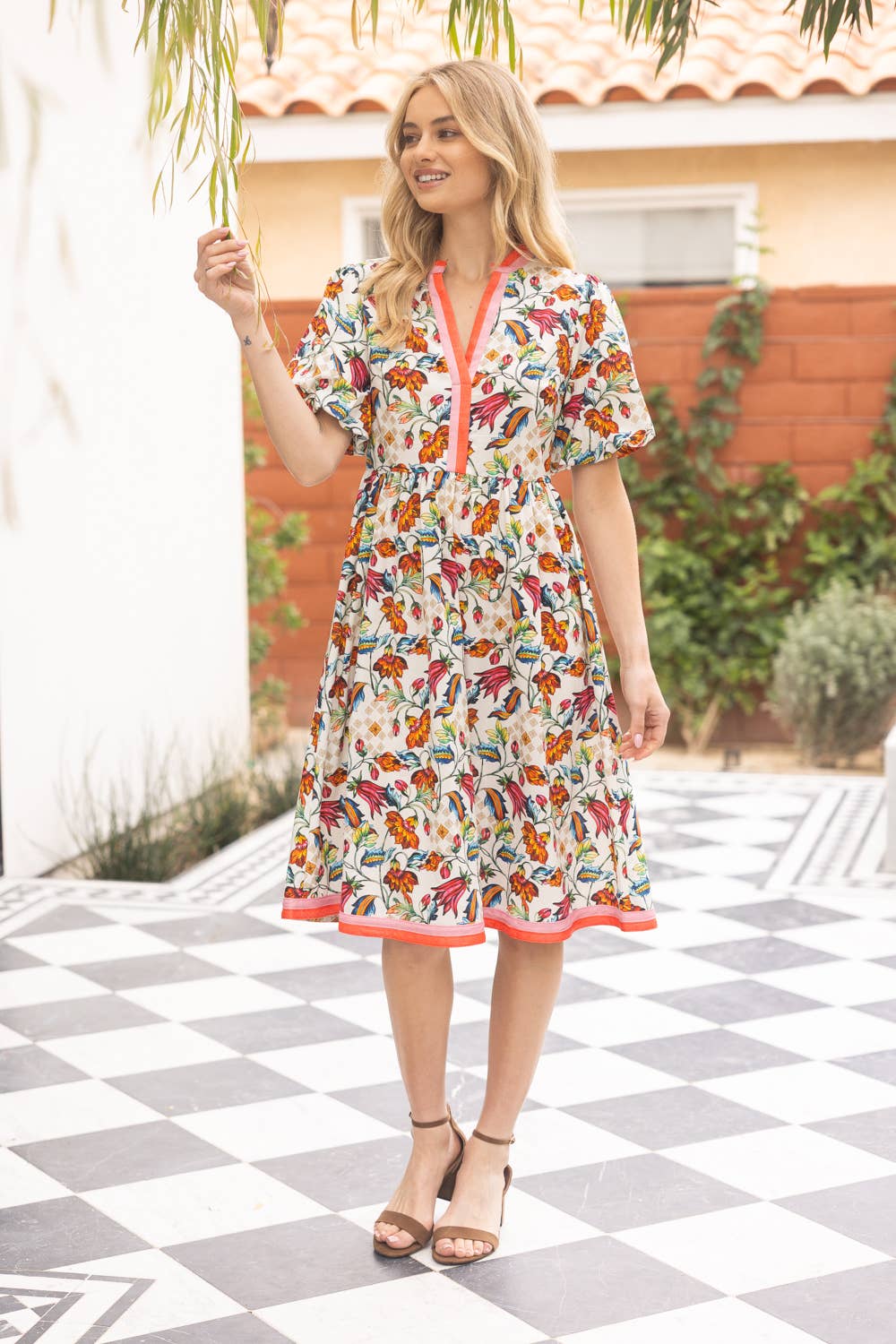 Multi Stripe Detailed Floral Print Midi Dress Becca