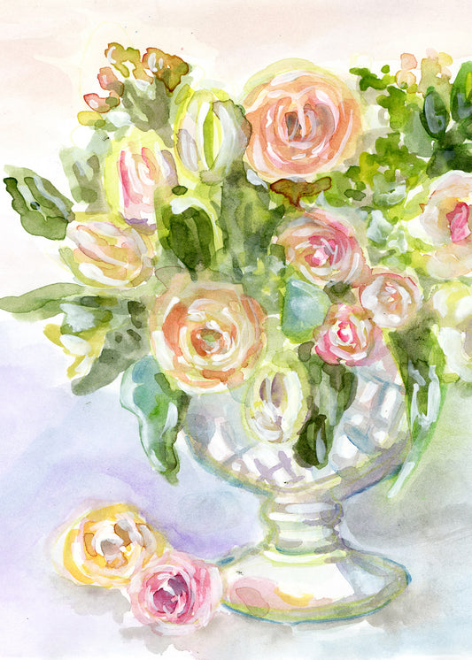 Watercolor Milk Glass Floral Arrangement by Carrie Hannegan