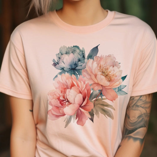 Watercolor Peony Floral T-Shirt in Peachy Pink Super Soft