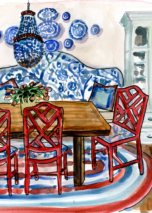 Watercolor Red White Blue Dining Room by Carrie Hannegan