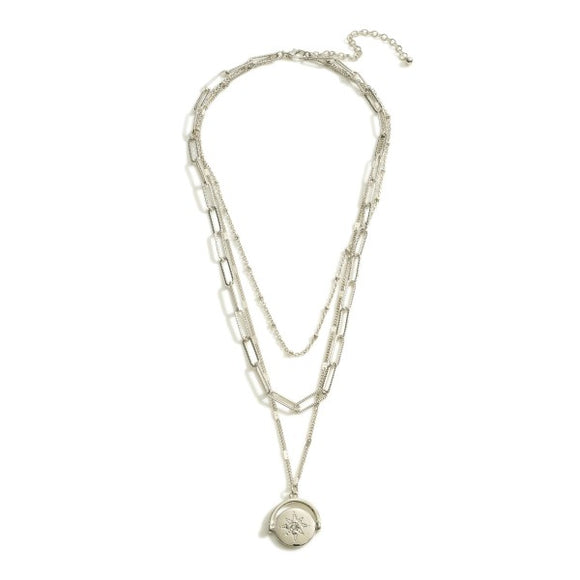 Silver Chain Layered Necklace With Hinged Pendant