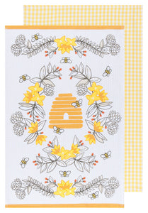 Bees and Yellow Gingham Set of 2 Tea Towels